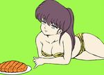  1girl bikini black_hair breasts cleavage collarbone cyocomi3 female flat_color food green_background kunou_kodachi looking_up lying meet on_floor on_stomach ranma_1/2 simple_background solo swimsuit tiger_print 