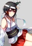  alternate_hair_length alternate_hairstyle bare_shoulders black_hair detached_sleeves eyebrows fusou_(kantai_collection) grey_background hair_ornament hairband headband japanese_clothes kantai_collection konkito light_smile looking_at_viewer miniskirt nontraditional_miko obi red_eyes red_skirt remodel_(kantai_collection) sash short_hair simple_background skirt solo 