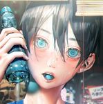  ball bangs black_hair blue_eyes blurry blush bottle candy close-up curtains depth_of_field dripping eyelashes face food free! hair_between_eyes hana_bell_forest holding holding_bottle hot jar looking_at_viewer male_focus mouth_hold nanase_haruka_(free!) ramune shade snack solo string summer sweat sweets teeth water wet 