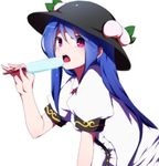  bad_id bad_twitter_id black_hat blouse blue_hair dripping food frills fruit hat hinanawi_tenshi long_hair looking_at_viewer looking_to_the_side open_mouth peach popsicle puffy_short_sleeves puffy_sleeves red_eyes shirt short_sleeves simple_background solo tongue touhou upper_body white_background white_shirt you_(noanoamoemoe) 