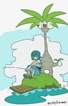  alolan_exeggutor alolan_form baggy_pants bangs bare_shoulders blue_eyes blue_hair blue_sky capri_pants cloud commentary_request day exeggutor fishing fishing_rod grass hairband island looking_down occumt open_mouth pants pokemon pokemon_(creature) pokemon_(game) pokemon_sm romaji sandals shochuumimai short_hair sitting sky sleeveless suiren_(pokemon) tree trial_captain white_background 