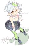  2016 :o absurdres ankle_boots artist_name black_dress black_footwear blush boots character_name chitetan dated detached_collar domino_mask dress earrings english food food_on_head full_body gloves green_legwear grey_hair hand_on_own_thigh highres hotaru_(splatoon) jewelry leaning_forward looking_at_viewer mask mole mole_under_eye object_on_head pantyhose parted_lips pointy_ears short_dress short_hair signature solo splatoon_(series) splatoon_1 standing strapless strapless_dress tentacle_hair v white_background white_gloves yellow_eyes 
