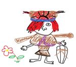  barefoot child_drawing flower flower_knight_girl full_body hair_over_one_eye highres non-web_source red_hair self_upload simple_background solo white_background 