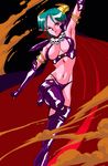  arm_up boots cape carrera demon_girl elbow_gloves gloves horns leg_lift navel official_art one_eye_closed pointy_ears red_eyes skull solo succubus thigh_boots thighhighs viper viper_gts 