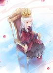  bluebluecathy crown dress highres k_(anime) kushina_anna red_eyes sitting solo throne tile_floor tiles white_hair white_legwear 