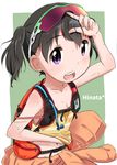  ashida_ichirou backpack bag bare_shoulders black_hair blush camisole eyewear_on_head hydration_carrier jacket kuraue_hinata looking_at_viewer navel open_mouth purple_eyes shirt_lift short_hair smile solo sunglasses sweat tied_jacket twintails yama_no_susume 