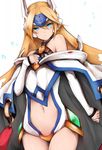  &gt;:( bad_id bad_twitter_id bare_shoulders blazblue blonde_hair blue_eyes blush cape commentary_request cowboy_shot detached_sleeves forehead_protector frown hand_on_own_chest highres inaba_sunimi long_hair looking_at_viewer mecha_musume mu-12 navel off_shoulder revealing_clothes solo v-shaped_eyebrows 