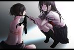  2girls ball_gag bdsm bite_marks black_hair bondage bra brown_eyes bruise femdom gagged ice_(aitsugai) injury long_hair multiple_girls saliva school_uniform short_hair simple_background sitting skirt smile socks squatting tears whip whip_marks yuri 