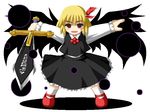  blonde_hair darkness ex-rumia fukaiton full_body hair_ribbon long_sleeves no_nose open_mouth outstretched_arms red_eyes ribbon rumia short_hair skirt smile solo spread_arms sword touhou vest weapon 