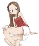  bare_legs bare_shoulders barefoot black_ribbon brown_eyes brown_hair dress eyebrows eyelashes forehead hair_ribbon highres idolmaster idolmaster_(classic) long_hair looking_at_viewer lying minase_iori on_side red_dress ribbon shorts solo thighs white_background white_shorts yamamoto_souichirou 