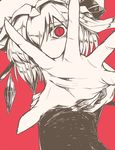  aiming_at_viewer flandre_scarlet from_side hand_up hat looking_at_viewer mob_cap monochrome open_hand red red_background red_eyes short_sleeves side_ponytail simple_background slit_pupils solo spot_color touhou upper_body vest wings yume_(i_think.) 