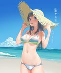  beach bikini black_eyes black_hair cloud day hat highres long_hair ocean original outdoors satou_kou shochuumimai solo standing straw_hat sun_hat swimsuit water 