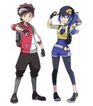  1girl ayayannko backpack bag baseball_cap black_gloves blue_eyes brown_hair cropped_jacket female_protagonist_(pokemon_go) fingerless_gloves full_body gloves hat highres holding holding_poke_ball hood hoodie leggings looking_at_viewer male_protagonist_(pokemon_go) official_style parody poke_ball pokemon pokemon_go ponytail red_eyes shoes simple_background smile sneakers style_parody sugimori_ken_(style) visor_cap white_background 