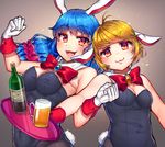  :3 alcohol animal_ears bare_arms bare_shoulders beer blue_hair blush bottle bow bowtie bunny_ears bunny_tail bunnysuit detached_collar floppy_ears gloves gradient gradient_background highleg kanou_(natsuno0223) locked_arms long_hair low_twintails multiple_girls open_mouth orange_hair pantyhose red_eyes ringo_(touhou) seiran_(touhou) short_hair smile tail touhou tray twintails upper_body white_gloves 