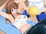  1girl armpits arms_behind_head arms_up bare_shoulders belt black_bra blue_eyes blush bra breasts brown_hair cleavage collarbone commentary_request dead_or_alive denim hairband hitomi_(doa) jeans large_breasts long_hair navel open_mouth pants see-through sit-up solo_focus steam sweat tank_top tsuruhisashi underwear volleyball wet wet_clothes 