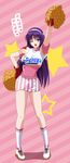  ;d asamiya_athena blush breasts cheering cheerleader commentary_request fingerless_gloves full_body gloves hairband hand_on_hip highres large_breasts long_hair looking_at_viewer miniskirt one_eye_closed open_mouth pom_poms puffy_short_sleeves puffy_sleeves purple_eyes purple_hair shoes short_sleeves skirt smile socks solo star starry_background striped the_king_of_fighters translated tsuruhisashi vertical-striped_skirt vertical_stripes white_footwear white_legwear 