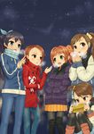  bad_id bad_pixiv_id black_hair black_legwear blue_eyes bow breathing_on_hands brown_eyes brown_hair coat cold commentary_request denim down_jacket fang frown futami_ami futami_mami ganaha_hibiki green_eyes hair_bow hand_up handheld_game_console hands_in_pockets highres idolmaster idolmaster_(classic) jacket jeans leg_warmers legwear_under_shorts letterman_jacket long_hair looking_at_another minase_iori multiple_girls night one_side_up padded_coat pants pantyhose pantyhose_under_shorts playstation_portable red_coat red_eyes scarf shorts side_ponytail skirt sky skyline star_(sky) starry_sky stuffed_animal stuffed_bunny stuffed_toy takatsuki_yayoi track_suit very_long_hair yoshiwa_tomo 