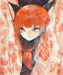  :&lt; anabone animal_ears bangs bow cat_ears commentary_request curtains extra_ears eyebrows eyebrows_visible_through_hair fire flame floral_print hair_bow kaenbyou_rin looking_at_viewer neckerchief open_mouth orange_hair protected_link red_eyes red_hair slit_pupils solo touhou upper_body 