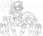  blush bow breasts buttons dress dress_lift eyebrows eyebrows_visible_through_hair greyscale groin hair_bow insect_girl jikai kurodani_yamame medium_breasts monochrome monster_girl multiple_legs pubic_hair pussy short_hair silk solo spider_girl spider_web touhou 