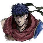  blue_eyes blue_hair ears fire_emblem fire_emblem:_akatsuki_no_megami fire_emblem:_souen_no_kiseki hachimaki headband ike lips male_focus manly matanonki red_scarf scarf serious shoulder_pads solo spiked_hair 