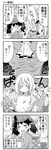  4koma :d ^_^ akagiakemi ascot atago_(kantai_collection) beret breasts cleavage closed_eyes comic greyscale hat japanese_clothes kantai_collection kariginu large_breasts long_hair magatama monochrome multiple_girls open_mouth pan-pa-ka-paaan! ryuujou_(kantai_collection) smile torn_clothes translated twintails visor_cap 