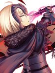  armor blonde_hair breasts fal fate/grand_order fate_(series) fur_trim gauntlets headpiece jeanne_d'arc_(alter)_(fate) jeanne_d'arc_(fate)_(all) medium_breasts short_hair simple_background solo sword weapon yellow_eyes 
