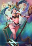  absurdres aqua_eyes aqua_hair armlet bastet_(p&amp;d) bastet_(p&amp;d)_(cosplay) cat_tail cosplay fang garters hatsune_miku highres long_hair looking_at_viewer microphone microphone_stand midriff navel open_mouth paw_pose piliheros2000 puzzle_&amp;_dragons solo tail tattoo thigh_gap twintails very_long_hair vocaloid 