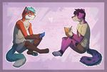  &lt;3 anthro book canine clothed clothing diesel_wiesel duo ear_piercing eyewear female fox glasses male mammal piercing simple_background sitting smile 