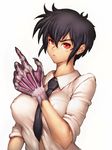  black_hair breasts covered_nipples fumio_(rsqkr) genderswap genderswap_(mtf) jigoku_sensei_nube looking_at_viewer medium_breasts necktie nueno_meisuke pout red_eyes short_hair simple_background solo white_background 