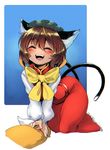  all_fours anchors animal_ears brown_hair cat_ears cat_tail chen hat highres mob_cap open_mouth short_hair smile solo tail touhou 