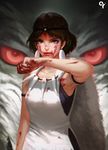  artstation_sample blood brown_eyes brown_hair earrings facepaint facial_mark highres image_sample jewelry liang_xing mononoke_hime necklace san short_hair wolf 