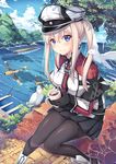  aircraft aircraft_carrier airplane anchor bangs bf_109 bird black_gloves black_legwear black_skirt capelet celtic_knot cloud coffee coffee_mug cup day dock gloves graf_zeppelin_(aircraft_carrier) graf_zeppelin_(kantai_collection) hair_between_eyes hands_together hat holding holding_cup horizon iron_cross kantai_collection knees_together_feet_apart light_brown_hair long_hair long_sleeves looking_at_viewer military military_hat military_uniform military_vehicle miniskirt mountain mug necktie ocean on_wall outdoors pantyhose path peaked_cap pier pleated_skirt road seagull ship sidelocks sitting skirt sky smile solo tree twintails uniform warship watercraft yuriko 