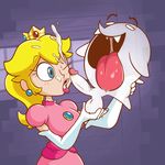  anthro balls blonde_hair blue_eyes boo_(mario) breasts clothed clothing crown cum cum_in_hair cum_in_mouth cum_inside cum_on_face duo elbow_gloves erection fangs female gloves hair human male male/female mammal mario_bros miscon nintendo one_eye_closed orgasm penis princess_peach tongue tongue_out video_games 