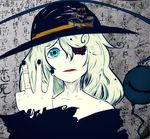  bangs bare_shoulders bow collarbone eyeball green_eyes green_hair hat hat_bow hat_ribbon heart heart_of_string komeiji_koishi long_sleeves looking_at_viewer off_shoulder one_eye_covered open_mouth parody ribbon shirt short_hair solo string tabazi third_eye tokyo_ghoul touhou wide_sleeves 