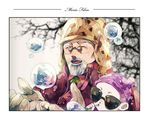  1girl baby beard blurry brown_gloves bubble bubble_blowing coat depth_of_field facial_hair glasses gloves hat jojo_no_kimyou_na_bouken joseph_joestar manoko old_man open_mouth shizuka_joestar smile sunglasses tree vignetting wrinkles 