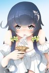  arm_at_side bangs bare_shoulders black_hair blue_hair blush breasts casual dress food gradient gradient_background grey_eyes hair_ornament hair_scrunchie highres holding holding_food ice_cream ice_cream_cone kantai_collection licking long_hair medium_breasts mizuho_(kantai_collection) momin off-shoulder_dress off_shoulder pleated_dress puffy_short_sleeves puffy_sleeves scrunchie short_dress short_sleeves sidelocks soft_serve solo strapless strapless_dress tongue white_dress 