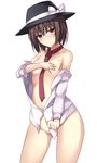  ass_visible_through_thighs black_hat blush bottomless bow breasts brown_eyes brown_hair collarbone commentary_request covering covering_breasts cowboy_shot hat hat_bow janne_cherry looking_at_viewer necktie open_clothes open_shirt red_neckwear shirt shirt_tug short_hair small_breasts solo touhou usami_renko white_bow white_shirt 