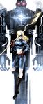  absurdres belt black_footwear blonde_hair blue_eyes boots cross-laced_footwear dc_comics gloves glowing glowing_eyes hair_over_one_eye highres knee_boots lace-up_boots long_hair mask midriff naratani navel red_eyes robot solo staff star stargirl white_background 