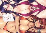  bellows_(suisei_no_gargantia) bikini blue_eyes blush breast_press breasts casual_one-piece_swimsuit cleavage earrings glasses hair_ornament holding holding_sign hoop_earrings huge_breasts jewelry long_hair looking_at_viewer lying matarou_(genkai_toppa) multiple_girls navel number on_back one-piece_swimsuit orange_bikini paper parted_lips ponytail purple_bikini purple_eyes red-framed_eyewear red_hair ridget_(suisei_no_gargantia) semi-rimless_eyewear sign suisei_no_gargantia swimsuit take_your_pick thigh_gap under-rim_eyewear 