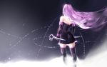  back bare_shoulders black_gloves black_legwear dress elbow_gloves fate/grand_order fate/stay_night fate_(series) gloves hei_tong_shi holding holding_weapon long_hair nameless_dagger purple_hair rider sleeveless sleeveless_dress solo thighhighs weapon 