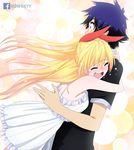  1girl absurdres anime_coloring blonde_hair closed_eyes colorized crying derivative_work dress facebook facebook_username glomp hair_ornament hair_ribbon highres hug ichijou_raku kirisaki_chitoge long_hair nisekoi nowakyy official_art ribbon white_background white_dress x_hair_ornament 