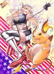  :d american_flag american_flag_legwear arm_up armpits bare_shoulders black_gloves blonde_hair blue_eyes breasts cleavage commentary_request crossover elbow_gloves electricity fingerless_gloves flag_background flag_print front-tie_top gen_1_pokemon gloves hair_between_eyes headgear highres iowa_(kantai_collection) kantai_collection large_breasts long_hair looking_away masayoshi miniskirt mismatched_legwear open_mouth outstretched_arm poke_ball pokemon pokemon_(creature) print_legwear raichu skirt smile star star-shaped_pupils striped striped_legwear symbol-shaped_pupils thighhighs vertical-striped_legwear vertical_stripes zettai_ryouiki 