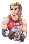  2016_summer_olympics alternate_costume blonde_hair braid brown_eyes champion_zarya leotard looking_to_the_side mike_nesbitt muscle muscular_female nail_polish overwatch russian_clothes russian_flag signature simple_background solo zarya_(overwatch) 