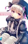  bird blush book braid doll_joints dress fal fate/extra fate_(series) hat long_hair looking_up nursery_rhyme_(fate/extra) purple_eyes silver_hair solo 