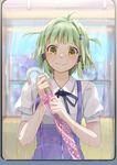  absurdres ahoge amanchu! closed_umbrella green_hair ground_vehicle hair_tubes highres hinoshita_akame kohinata_hikari looking_at_viewer looking_out_window neck_ribbon rain ribbon school_uniform short_hair sidelocks smile solo train umbrella upper_body window yellow_eyes 