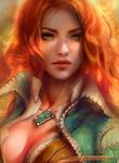  breasts cleavage enshanlee freckles green_eyes jewelry lips looking_to_the_side medium_breasts necklace nose red_hair solo the_witcher triss_merigold upper_body wavy_hair 