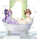  atobesakunolove back bath bathing bathtub breasts brown_hair bubble_bath claw_foot_bathtub curtains grin highres indoors large_breasts long_hair looking_at_viewer multiple_girls open_mouth overwatch ponytail purple_hair purple_skin reflection shared_bathing short_hair shoulder_blades simple_background smile spiked_hair tile_floor tiles tracer_(overwatch) white_background widowmaker_(overwatch) yuri 