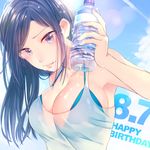  bikini_top black_hair blush bottle breasts cleavage happy_birthday idolmaster idolmaster_cinderella_girls large_breasts lens_flare long_hair mukai_takumi purple_eyes solo sun swimsuit swimsuit_under_clothes tabi_(artist) water_bottle 