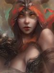  breasts cleavage demon_hunter diablo diablo_3 elbow_gloves enshanlee facial_mark gloves glowing glowing_eyes large_breasts looking_at_viewer orange_eyes red_hair solo 