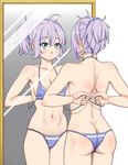  aoba_(kantai_collection) ass bikini butt_crack easy_(aqk7bdqt) from_behind green_eyes highres kantai_collection mirror ponytail purple_hair reflection short_hair solo standing swimsuit tying 